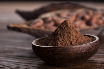 Cacao beans and powder and food dessert background