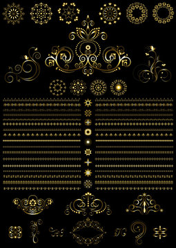 Vintage Gold Calligraphy Round Ornaments And Border On Black Background