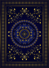 Vintage gold frame from pattern in oriental style on blue gradient background