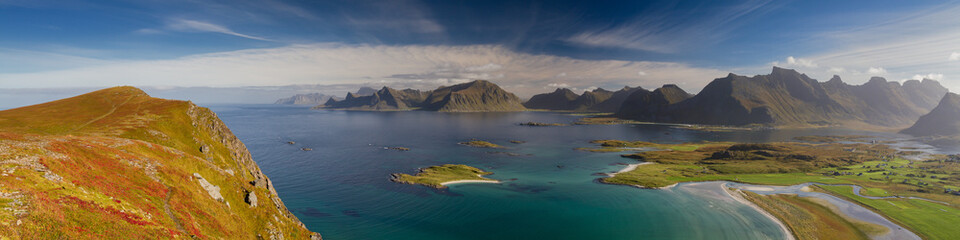 Panorama of the Lofoten mountain range from the peak of the Rore