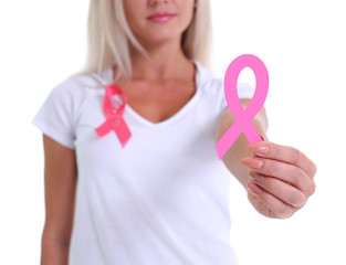 womans hand holding pink breast cancer awareness ribbon