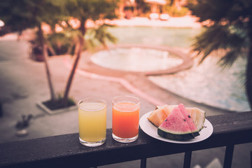 Orange juice around a swimming pool