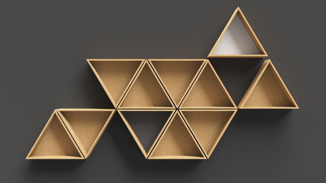 Empty triangle wooden shelves on dark wall background
