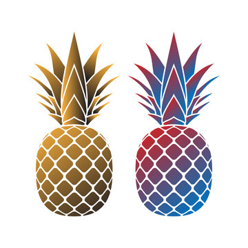 Pineapple with leaf icons set. Tropical fruits isolated on white background. Symbol of food, sweet, exotic summer, vitamin, healthy. Nature logo. 3D concept. Design element Vector illustration