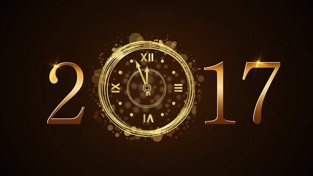 Happy New Year background with magic gold clock countdown. Golden numbers 2017. Christmas night design light and glitter. Symbol of wish, celebration. Luxury greeting decoration. Vector illustration