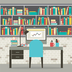 Modern Flat Design Workplace With Bookcase Vector Illustration