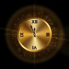Gold christmas magic clock background. Golden shiny design with sparkles and glitter. Decoration for card, greeting. Symbol of Happy New Year 2017 holiday, countdown. Vector illustration
