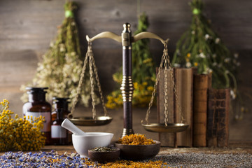 Herbs, berries and flowers with mortar, on wooden table backgrou