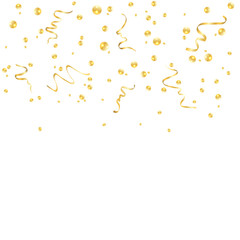 Gold confetti celebration, isolated on white background. Falling golden abstract decoration for party, birthday celebrate, anniversary or event, festive. Festival decor. Vector illustration