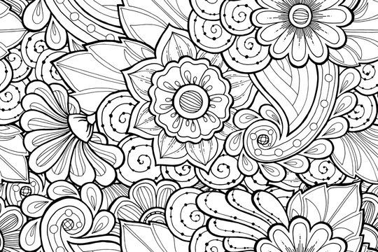 Seamless ornamental black and white pattern with stylized abstract flowers.