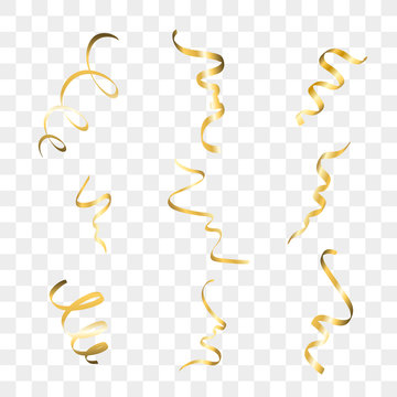 Gold Streamers Set. Golden Serpentine Ribbons, Isolated On Transparent  Background. Decoration For Party, Birthday Celebrate Or Christmas Carnival,  New Year Gift. Festival Decor. Vector Illustration Royalty Free SVG,  Cliparts, Vectors, and Stock