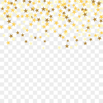 Gold star confetti celebration, isolated on transparent background. Falling golden abstract decoration for party, birthday celebrate, anniversary or event, festive. Festival decor. Vector illustration