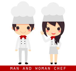 cute cartoon man woman chef uniform isolated white background