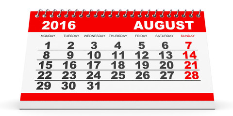 Calendar August 2016 on white background.