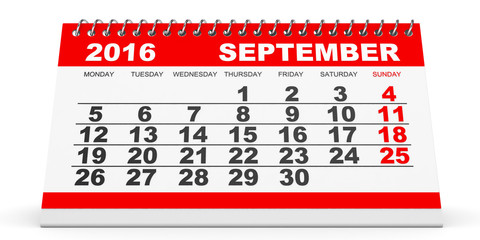 Calendar September 2016 on white background.