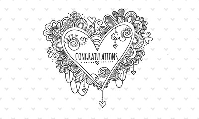 Congratulations Heart Hand Drawn Doodle Vector
Heart doodle illustration with the word congratulations in the centre of a heart and surrounded by hearts, swirls, beads and abstract shapes.
