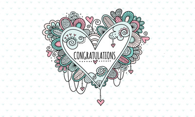 Congratulations Heart Hand Drawn Doodle Vector
Heart doodle illustration with the word congratulations in the centre of a heart and surrounded by hearts, swirls, beads and abstract shapes.