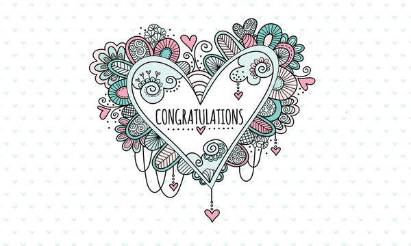 Congratulations Heart Hand Drawn Doodle Vector
Heart doodle illustration with the word congratulations in the centre of a heart and surrounded by hearts, swirls, beads and abstract shapes.
