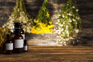 Natural medicine on wooden table background