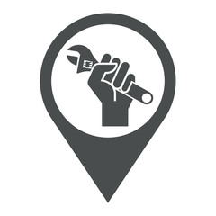 Icono plano localizacion mano con llave inglesa gris