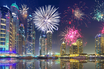 Skyline of Dubai Marina at night, United Arab Emirates