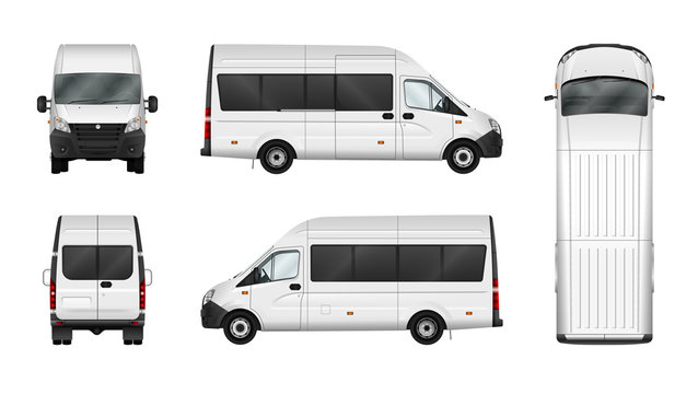 Cargo van vector illustration on white. City commercial minibus template. Isolated delivery vehicle. Separate groups and layers.