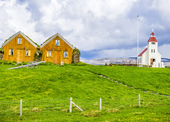 Turf covered houses at Modrudalur, North Iceland
