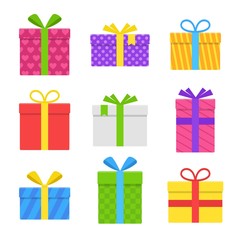 Colorful gift or present box with ribbon and bow vector set isolated on white background. Icons gifts boxes for Christmas or a birthday party in a flat style.