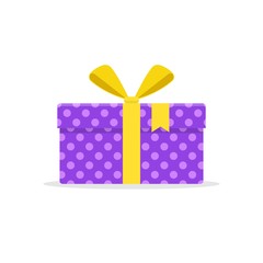 Gift or present box with yellow ribbon and bow vector isolated on white background. Icon gift box for Christmas or a birthday party in a flat style.