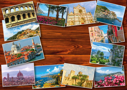 Collage from photos of Italy on wooden background