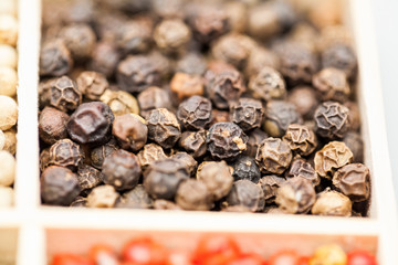 Different types of pepper: red, green dark and white