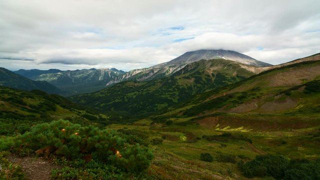 Time Lapse. Clouds over Viluchinsky volcano. The view from the observation deck Viluchinsky pass. Kamchatka, Russia.
