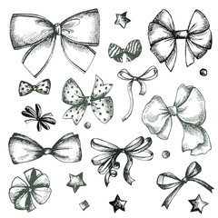 Vector hand drawn collection of lush bows and confetti. Vintage  - 122323678