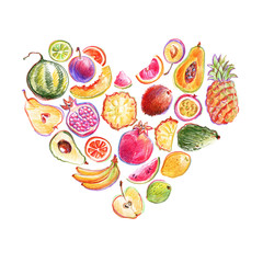 Heart composition with hand drawn bright stylish fruits