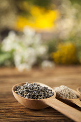 Natural medicine on wooden table background