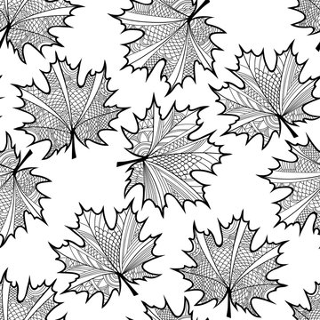 Seamless pattern with maple leaves. Black and white vector background