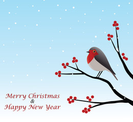 Christmas Greeting With Red Robin Sitting On Branch Vector Illustration