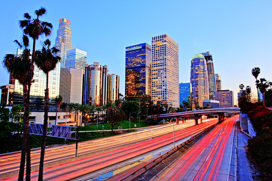 City of Los Angeles Downtown at Sunset With Light Trails