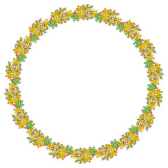 Hand drawn watercolor maple leaves arranged in round frame. Autumn wreath. Copy space. Raster illustration.