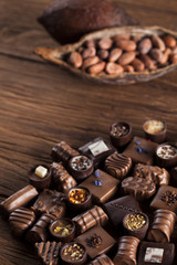 Praline Chocolate on wooden backgroud