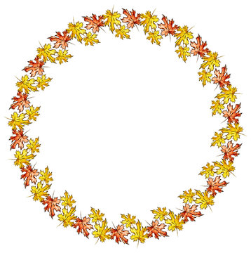 Hand drawn watercolor maple leaves arranged in round frame. Autumn wreath. Copy space. Raster illustration.