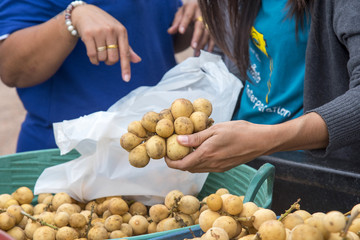 Longkong on scales , Customers are buying Longkong fruit (Lansium )