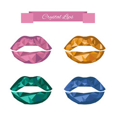 Crystal lips set in low polygon style. Modern lips makeup. Mineral lips in geometric style. Vector illustration.