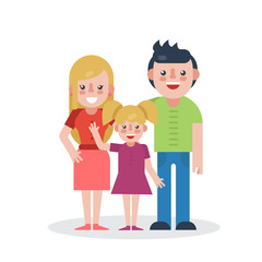 Young parents flat vector illustration. Mother, father and daughter on white background. Family flat style.