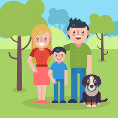 Young parents flat vector illustration. Young family with dog on natural park background. Mother, father and son flat illustration.