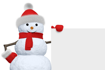 Snowman with blank white board isolated
