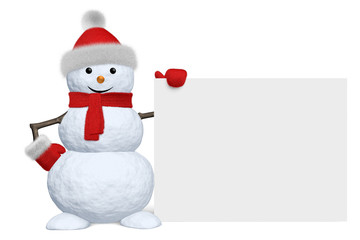Snowman with blank white board isolated