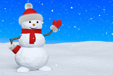 Snowman with scarf under snowfall pointing to something