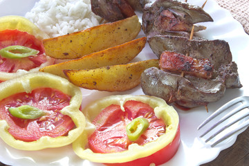 Fried chicken liver and bacon close up in plate