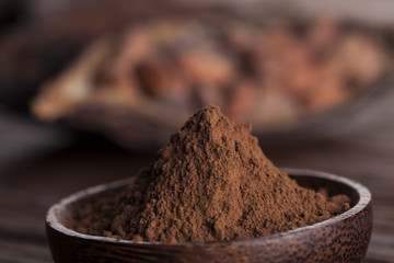 Cacao beans and powder and food dessert background